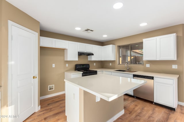 kitchen with dishwasher, white cabinetry, a kitchen island, and black / electric stove