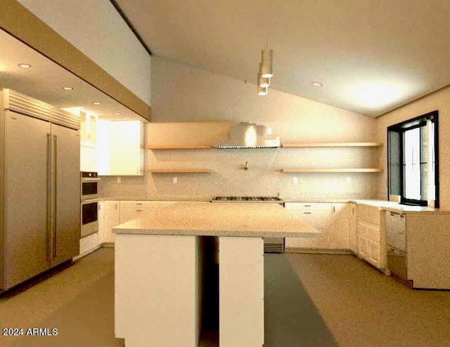 kitchen featuring lofted ceiling, black gas cooktop, stainless steel double oven, built in refrigerator, and white cabinets