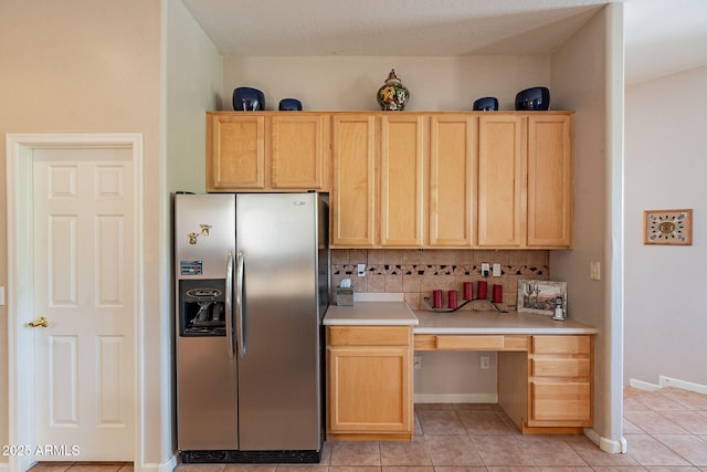 5336 E Gloria Ln, Cave Creek, AZ 85331 - kitchen with stainless steel fridge, light brown cabinets, backsplash, and light tile patterned floors