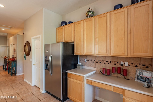 5336 E Gloria Ln, Cave Creek, AZ 85331 - kitchen with stainless steel fridge, light brown cabinets, light tile patterned floors, light countertops, and recessed lighting