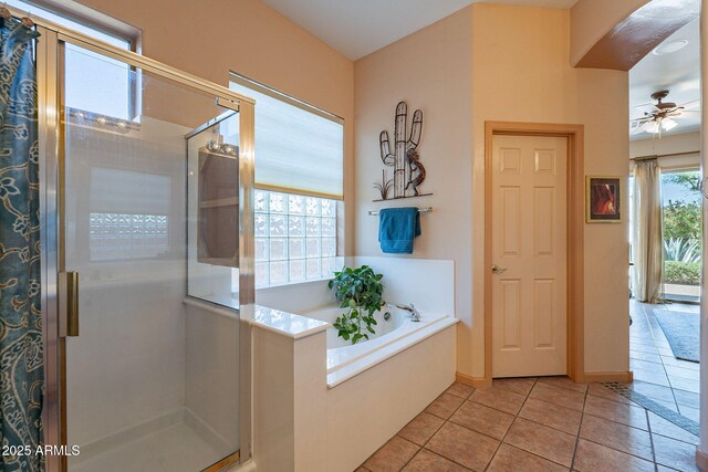 5336 E Gloria Ln, Cave Creek, AZ 85331 - full bath featuring a stall shower, a bath, tile patterned flooring, and ceiling fan