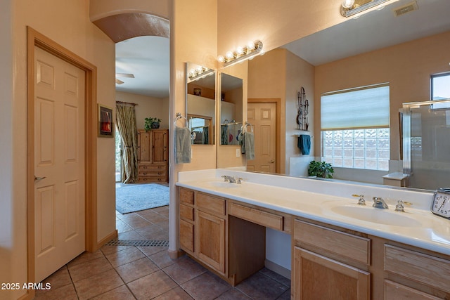 5336 E Gloria Ln, Cave Creek, AZ 85331 - bathroom featuring tile patterned flooring, double vanity, and a shower stall