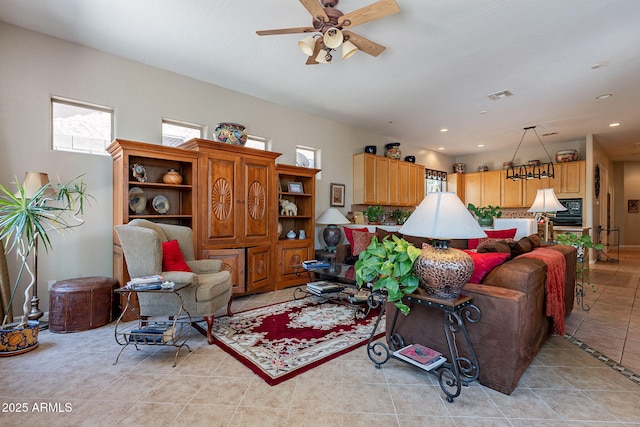 5336 E Gloria Ln, Cave Creek, AZ 85331 - living room featuring light tile patterned floors, ceiling fan, and recessed lighting