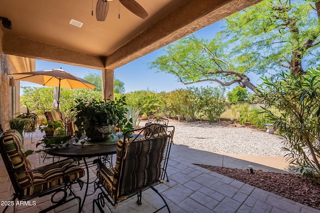 5336 E Gloria Ln, Cave Creek, AZ 85331 - view of patio featuring outdoor dining space, ceiling fan, and a fenced backyard