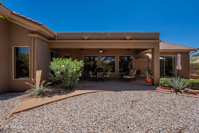 5336 E Gloria Ln, Cave Creek, AZ 85331 - rear view of house with a ceiling fan, stucco siding, a patio area, and a tile roof