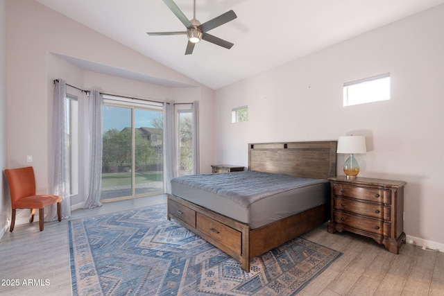 3055 N Red Mtn Unit 122, Mesa, AZ 85207 - bedroom featuring access to outside, lofted ceiling, wood finished floors, baseboards, and a ceiling fan