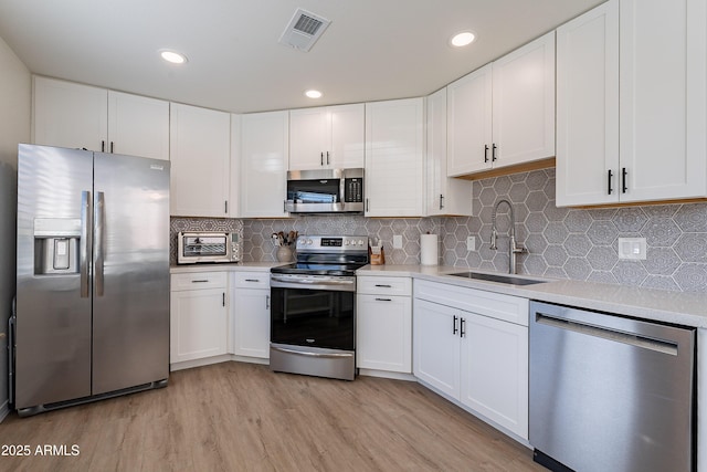 kitchen featuring appliances with stainless steel finishes, tasteful backsplash, white cabinetry, sink, and light wood-type flooring