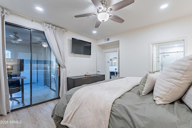 bedroom with ceiling fan, light hardwood / wood-style floors, and access to outside