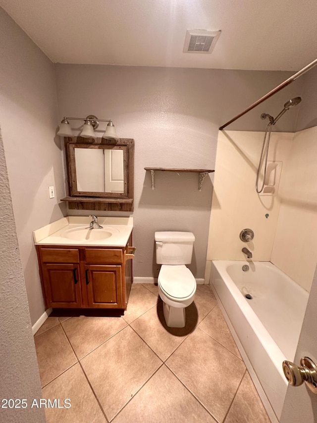 bathroom with bathing tub / shower combination, visible vents, toilet, vanity, and tile patterned flooring