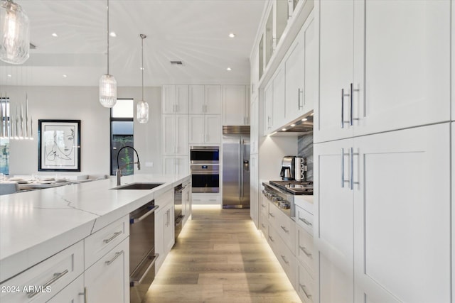 kitchen featuring white cabinets, appliances with stainless steel finishes, light wood-type flooring, pendant lighting, and sink