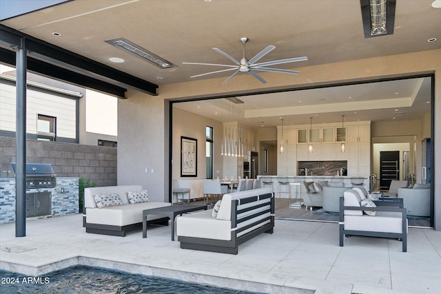 view of patio featuring an outdoor living space, a grill, and ceiling fan