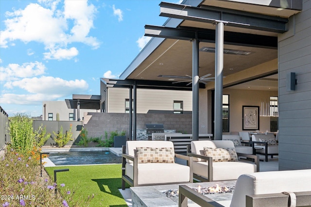 view of patio with outdoor lounge area, a grill, and ceiling fan