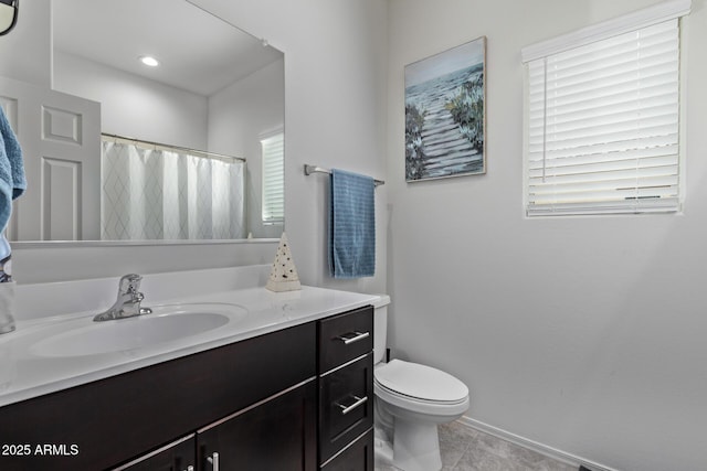 bathroom with tile patterned flooring, toilet, recessed lighting, a shower with curtain, and vanity