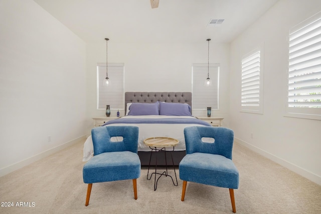 bedroom with light colored carpet