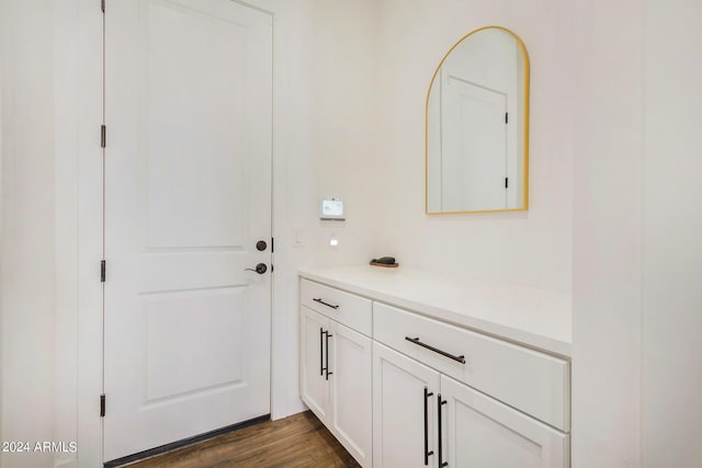 bathroom with hardwood / wood-style flooring and vanity