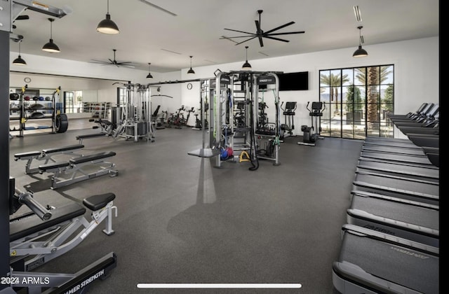 gym featuring ceiling fan