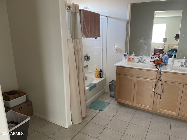 bathroom with tile patterned flooring, vanity, and shower / bathtub combination with curtain