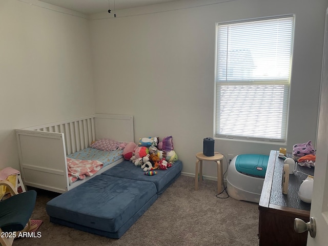 bedroom featuring dark colored carpet