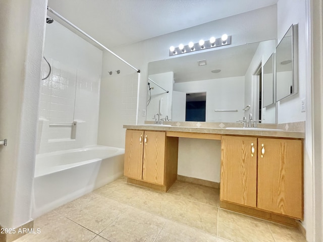 full bath featuring shower / bathtub combination, tile patterned floors, and double vanity