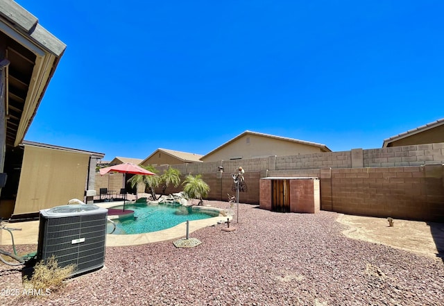 view of swimming pool with a fenced backyard, central AC, and a patio