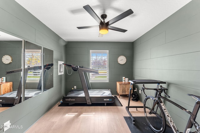 exercise room with hardwood / wood-style floors and ceiling fan