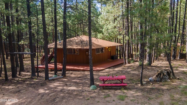 1423 Geode Dr, Forest Lakes, AZ 85931 - exterior space with a wooden deck and a forest view
