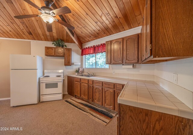 1423 Geode Dr, Forest Lakes, AZ 85931 - kitchen with white appliances, wood ceiling, tile countertops, a ceiling fan, and brown cabinetry
