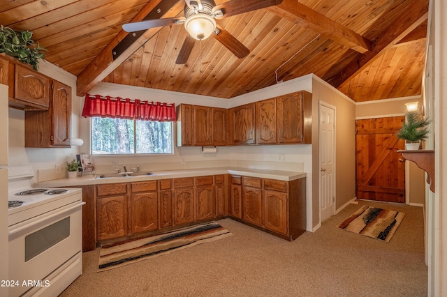 1423 Geode Dr, Forest Lakes, AZ 85931 - kitchen with white electric range oven, light countertops, a sink, and brown cabinetry