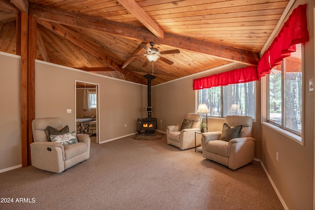 1423 Geode Dr, Forest Lakes, AZ 85931 - living area featuring wooden ceiling, baseboards, a wood stove, and carpet