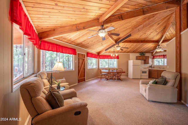 1423 Geode Dr, Forest Lakes, AZ 85931 - living area featuring wood ceiling, a ceiling fan, vaulted ceiling with beams, baseboards, and light colored carpet