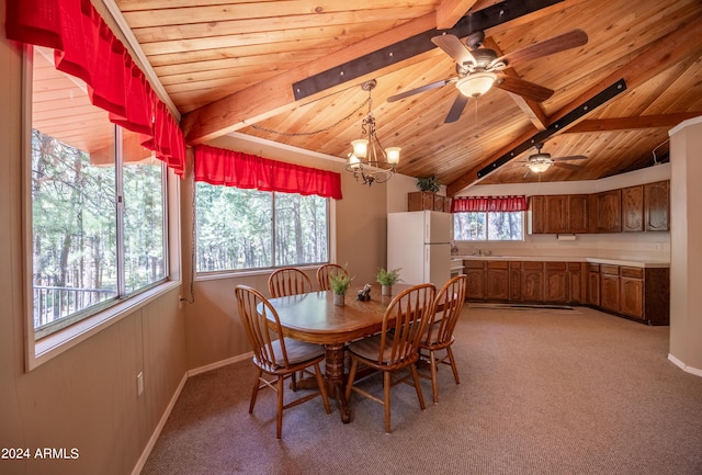 1423 Geode Dr, Forest Lakes, AZ 85931 - dining space with lofted ceiling with beams, wood ceiling, light carpet, and baseboards