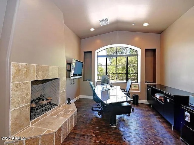 3804 E Camelback Rd, Phoenix, AZ 85018 - office area with dark wood-style flooring, lofted ceiling, a fireplace, and recessed lighting