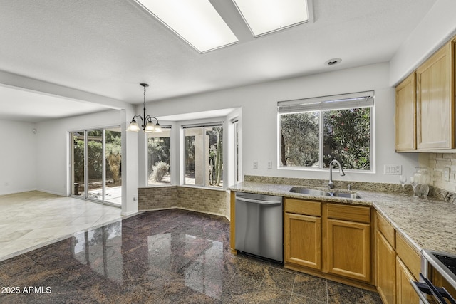 4530 E Desert Wind Dr, Phoenix, AZ 85044 - kitchen with dishwasher, a sink, light stone countertops, hanging light fixtures, and a chandelier