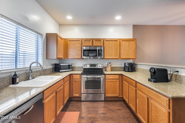 kitchen with dark hardwood / wood-style flooring, stainless steel appliances, and sink