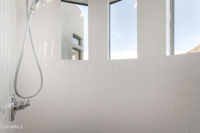 bathroom with a tile shower and plenty of natural light