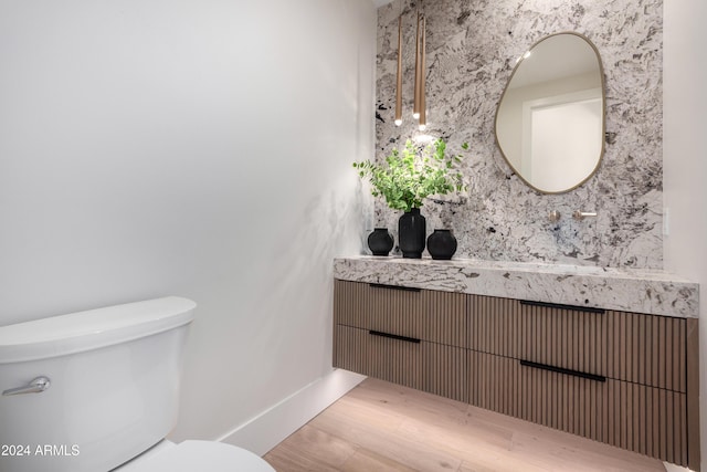 bathroom with vanity, toilet, and wood-type flooring