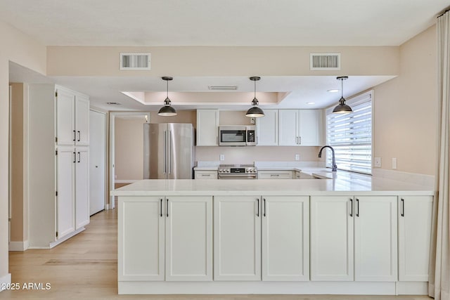 kitchen with white cabinetry, sink, stainless steel appliances, and hanging light fixtures