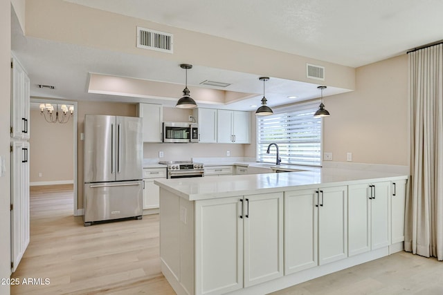 kitchen with appliances with stainless steel finishes, a tray ceiling, light wood-type flooring, white cabinetry, and kitchen peninsula