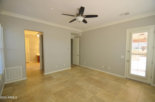 unfurnished bedroom with baseboards, visible vents, and ornamental molding