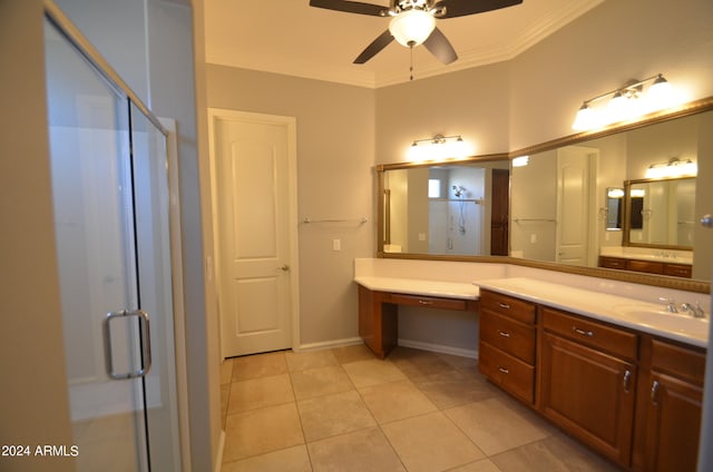 bathroom with ornamental molding, a ceiling fan, a shower stall, vanity, and tile patterned flooring