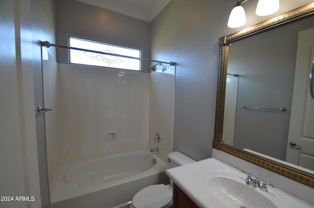 bathroom with toilet, ornamental molding, tub / shower combination, and vanity