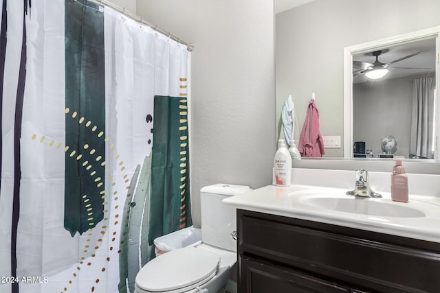 bathroom with ceiling fan, vanity, and toilet