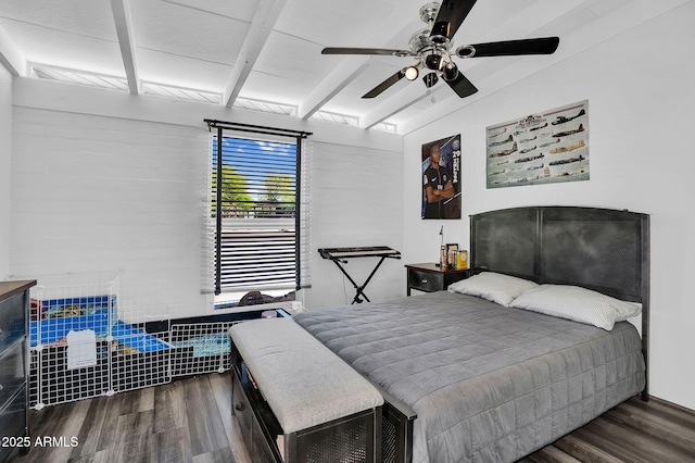 1029 E Palo Verde Dr, Phoenix, AZ 85014 - bedroom with wood finished floors, beamed ceiling, and a ceiling fan