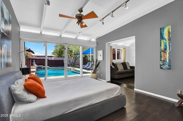 1029 E Palo Verde Dr, Phoenix, AZ 85014 - bedroom with rail lighting, baseboards, wood finished floors, access to outside, and beamed ceiling