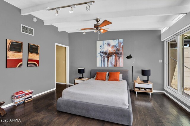 1029 E Palo Verde Dr, Phoenix, AZ 85014 - bedroom featuring rail lighting, baseboards, wood finished floors, and a ceiling fan