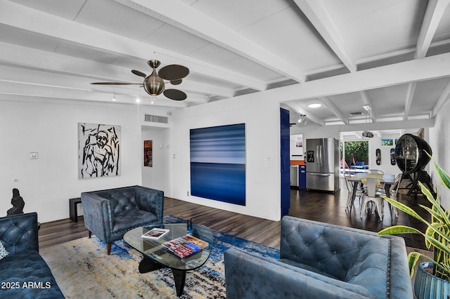 1029 E Palo Verde Dr, Phoenix, AZ 85014 - living room with wood finished floors, ceiling fan, and beam ceiling