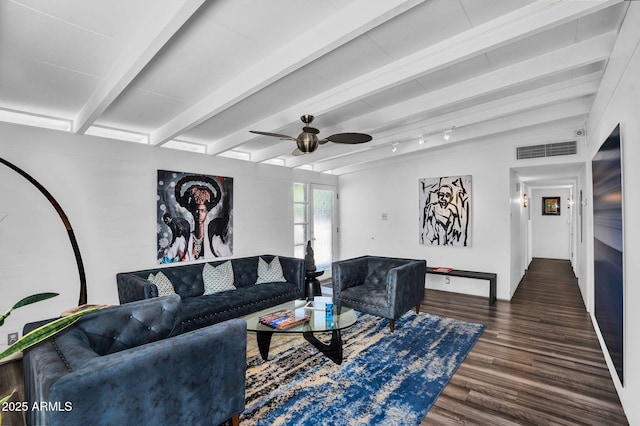 1029 E Palo Verde Dr, Phoenix, AZ 85014 - living area featuring wood finished floors, a ceiling fan, and beamed ceiling