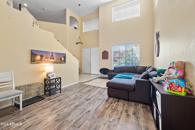 living room with high vaulted ceiling and wood-type flooring