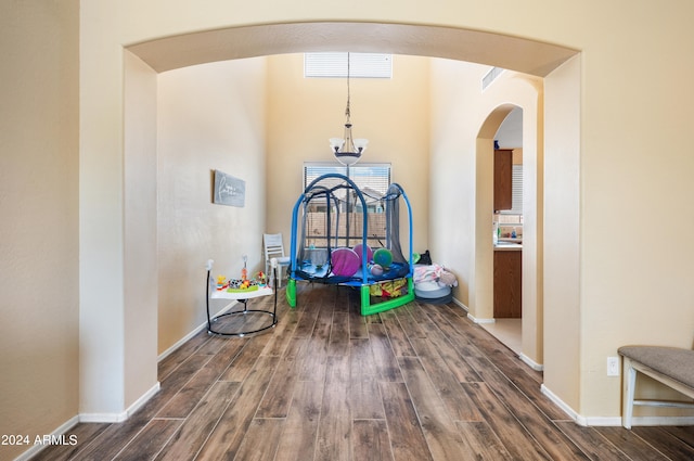 game room with a wealth of natural light and dark hardwood / wood-style floors