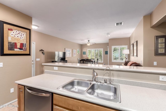 kitchen with a sink, visible vents, dishwasher, and open floor plan